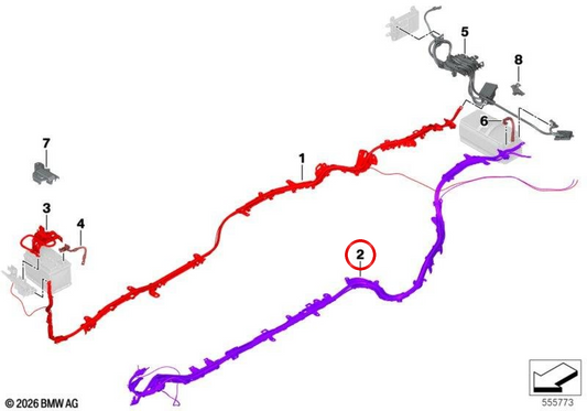 Cabo de bateria de pólo positivo sob o piso OEM 61125A6BE29 para BMW Série 5 G61 540d xDrive. BMW genuíno.