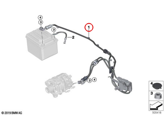 Cavo di avvio e generatore B+ OEM 61125A70E50 per BMW G05, G06, G07. BMW originale.