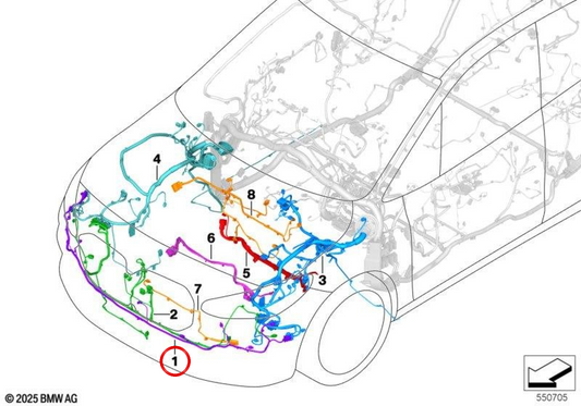 Fiação do pára-choque dianteiro OEM 61125A73BA3 para BMW U12. BMW genuíno.