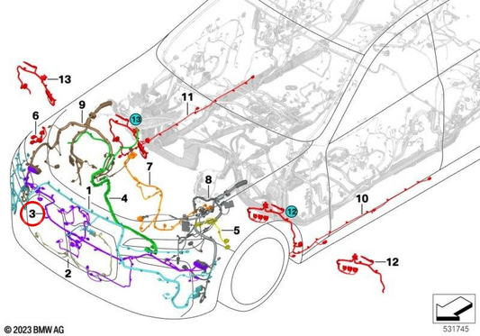 Fiação dianteira OEM 61125B328A4 para BMW G60, G61, G90. BMW genuíno.