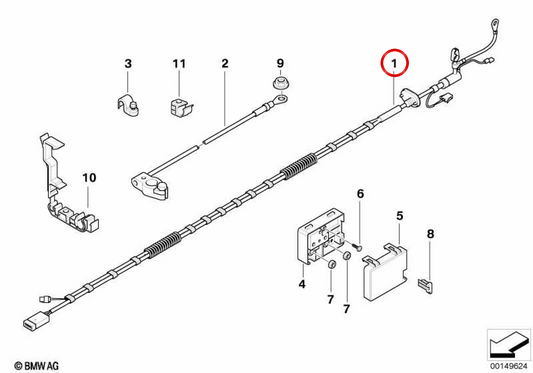 Positives Batteriekabel mit OEM -Sicherungskasten 61126953424 für BMW E85, E86. Original BMW.