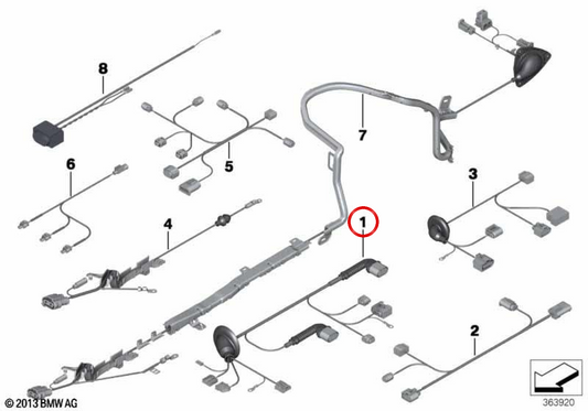 Cableado freno de mano eléctrico OEM 61129242206 para BMW F06, F12, F13. Original BMW.