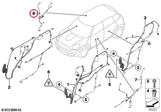 Cablaggio porta posteriore OEM 61129360357 per MINI F56, F55, Countryman R60. MINI originale.