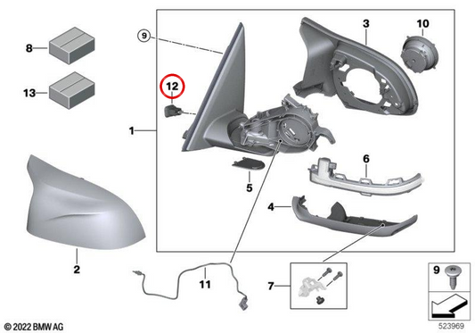 OM 61135A37340 exterior rearview housing connector for BMW G05, F95, G06, F96, G07. Original BMW.
