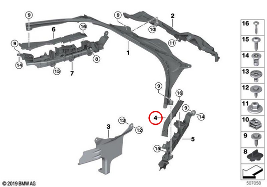 Support supérieur gauche de l'OEM frontal 61136991225 pour BMW G42, G87, G20, G21, G28, G80, G81, G22, G23, G26, G82, G83. BMW d'origine.