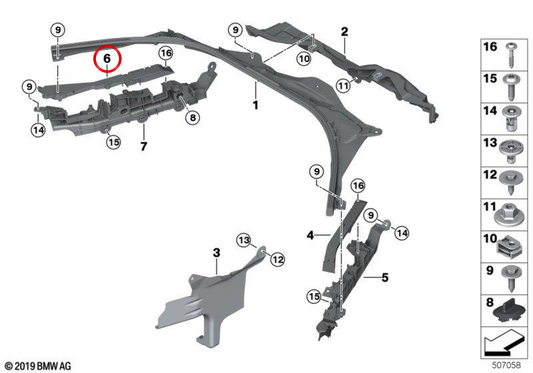 Oben rechts Unterstützung der Frontplatte OEM 61136991227 für BMW G42, G87, G20, G21, G28, G80, G81, G22, G23, G26, G82, G83. Original BMW.