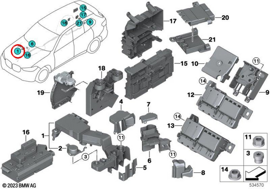 Auxiliary starter B+ OEM 61145A0B053 for BMW G05, G06, G18. Original BMW.