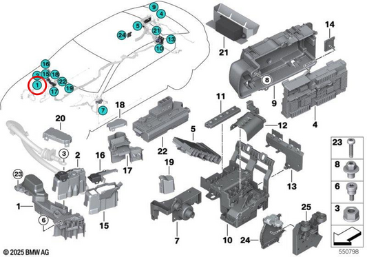 Ponto de conexão para partida externa B+ OEM 61146804732 para BMW G11, G12, G14, G15. BMW genuíno.