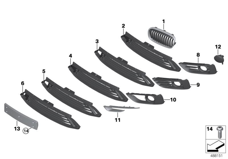 Rejilla central del parachoques con sensores PDC OEM 51117391588 para BMW F45 225xe (2015–2018). Pieza original BMW.