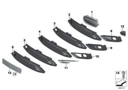 Rejilla central del parachoques con sensores PDC OEM 51117391588 para BMW F45 225xe (2015–2018). Pieza original BMW.