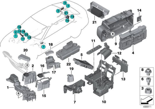 Distribuidor de corriente trasero OEM 61149393143 para BMW F90 M5, G30, G31 Touring, G11, G12... y más. Original BMW.