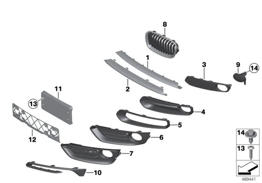 Rejilla izquierda delantera parcialmente abierta OEM 51117341613 para BMW F20 y F21. Original BMW.