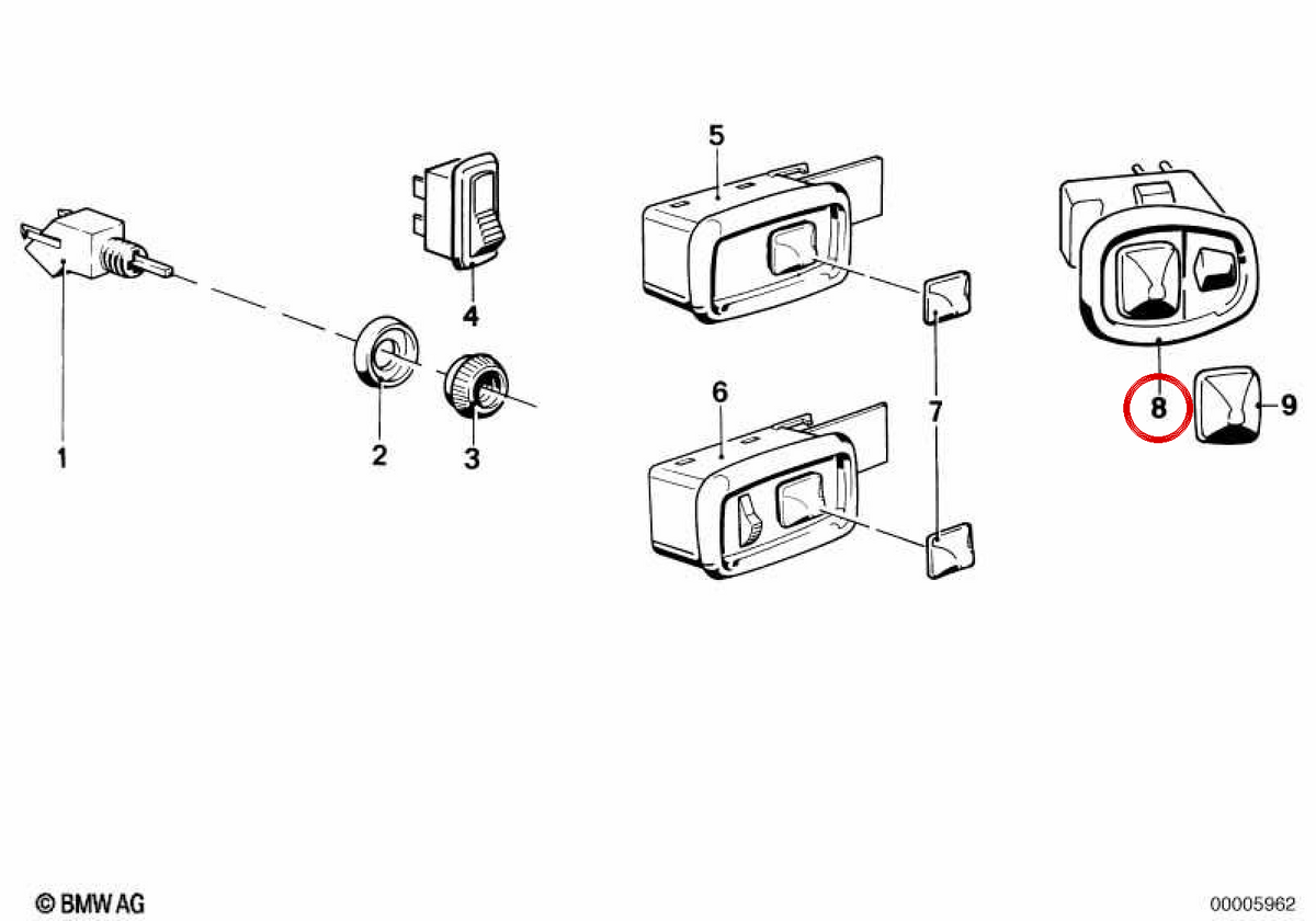 Mirrors adjustment switch with OEM switch 61311378847 for BMW E30, E36, E34, E24, E23, E32. Original BMW.