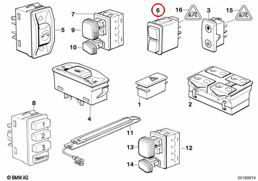 Interruptor reposacabezas trasero OEM 61311379078 para BMW E34, E32. Original BMW.