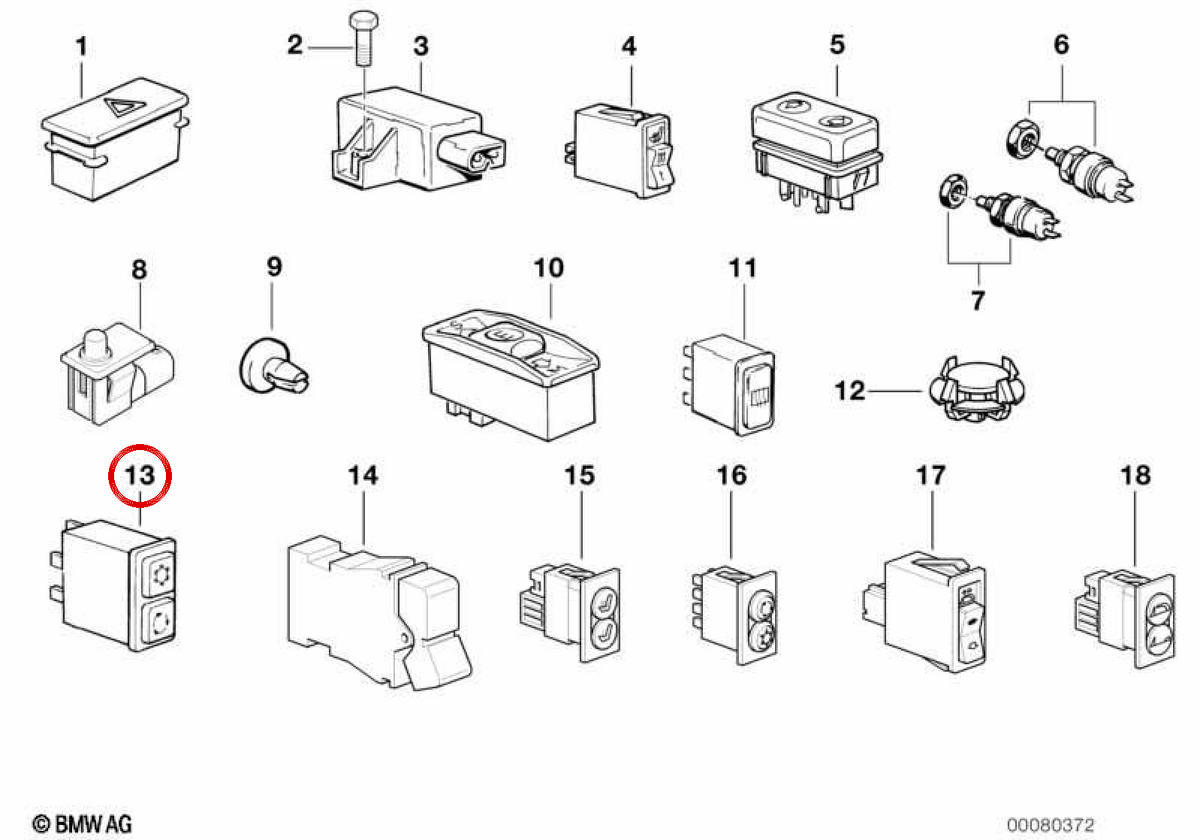 Interruttore di condizionamento/ricircolo OEM 61311380310 per BMW E23, E24, E28, E30. BMW originale.