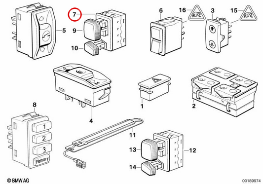Interruptor ajuste asiento delantero derecho OEM 61311388725 para BMW E32. Original BMW.