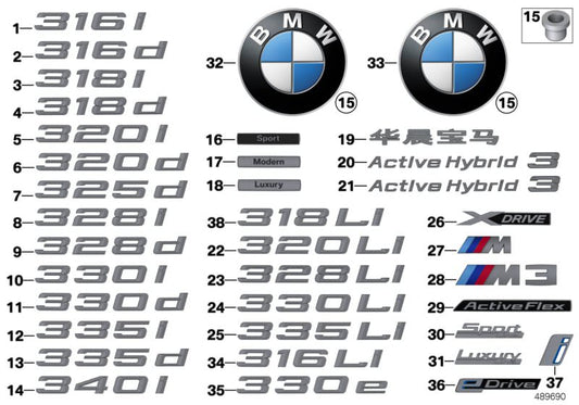 Emblema posteriore "320D" OEM 5114728988 per la serie BMW 3 F30. Compatibile con tutti i modelli F30 320D dal 2011 al 2015. BMW originale.