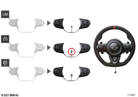 Commutateur de volant sport multifonctionnel OEM 61316814564 pour MINI F56, F55, Clubman F54, Cabrio F57, Countryman F60... et plus encore. MINI d'origine.