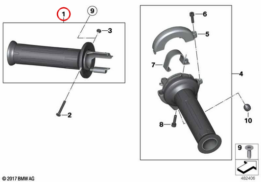 OEM left grip 61317727067 for BMW R1200 GS, R1200 R, K1200 S, K1300 R, F800 GS, F800 ST motorcycles and more. Original BMW Motorrad