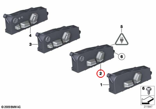 Mando de ajuste eléctrico del asiento delantero izquierdo OEM 61319275077 para BMW F07, F10, F11, F01, F02, F04. Original BMW.