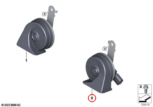 Som de buzina OEM 61335A72A53 baixo para MINI Cooper J01, Aceman J05... e muito mais. MINI originais.