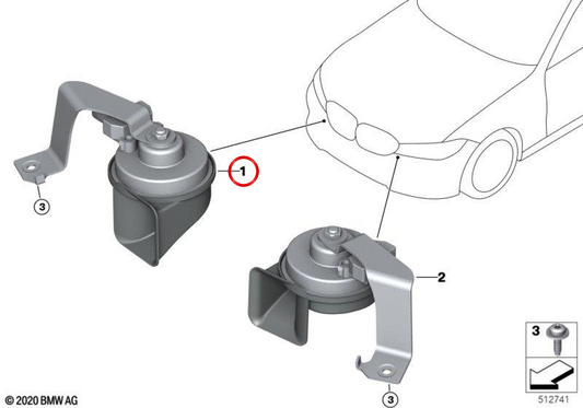 Buzina eletrônica de tom baixo OEM 61337873356 para BMW G80, G81, G82, G83. BMW genuíno.
