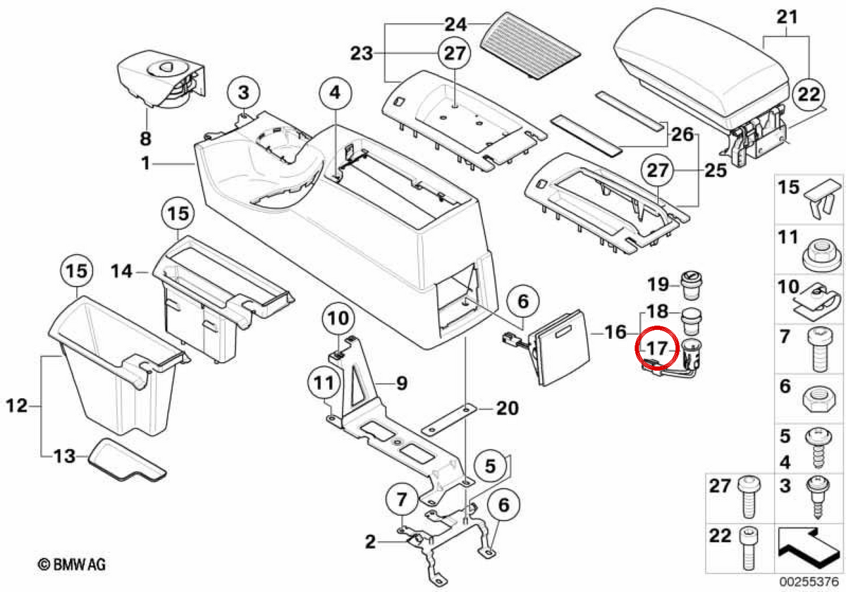 Cigarette lighter socket OEM 61346977681 for BMW E60, E61, E63, E64, X3 E83, X3 F25, X4 F26, Z4 E89... and more. Genuine BMW.