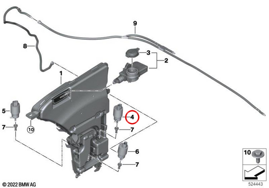 Pompe à eau pour l'essuie-glace OEM 61355A128A2 pour BMW G60, G61, G68, G90, G70. BMW d'origine.
