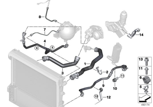 Manguera del radiador refrigerante OEM 17128577063 para BMW G01, G02. Compatible con modelos X3 y X4 diésel. Pieza original BMW para el sistema de refrigeración del motor.