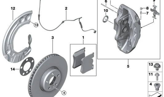 Pinza de freno delantera derecha OEM 34106897362 para BMW X3 F97, X4 F98, X5 G05 (modelos M Competition, M50i). Original BMW.