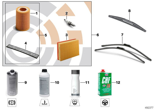 Kit de mantenimiento completo II Value Line OEM 88002336342 para BMW E60 y E61 {520i, 525i, 530i} con motor M54. Incluye filtro de aceite, bujías, filtro de aire y microfiltros. Original BMW.