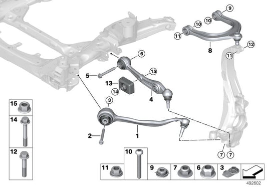 Tirante delantero derecho con silentblock hidráulico OEM 31108866774 para BMW X5 G05 (modelos: 30d, 40d, 40i, 50e) desde 2023. Original BMW.