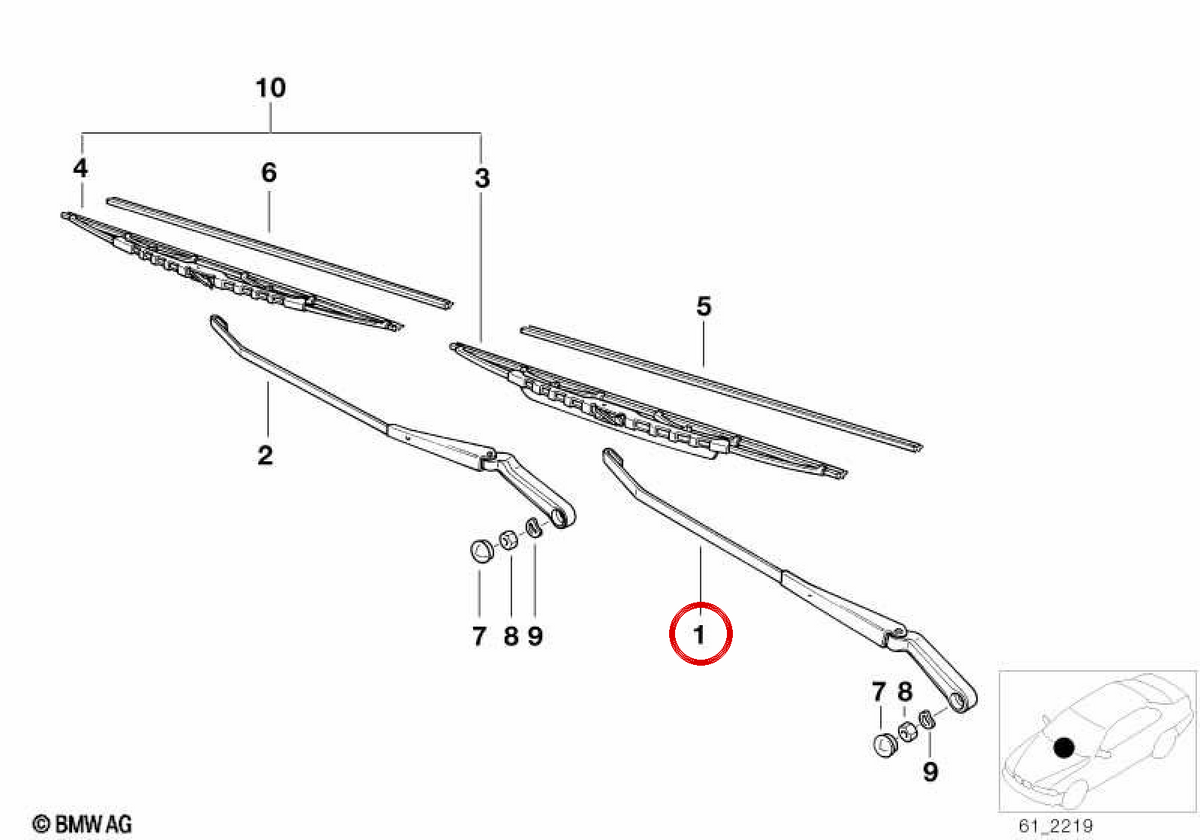 Left wiper Windshield OEM 61611393835 for BMW E36. Original BMW.