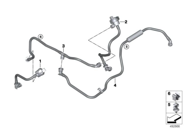 Válvula de ventilación de depósito de combustible con tubería OEM 13908482822 para BMW Serie 5 G30, Serie 7 G11/G12, Serie 8 G14/G15/G16... y más. Original BMW.