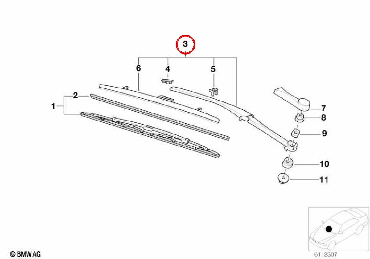 Left wiper OM 61619449965 for BMW E39. Original BMW.