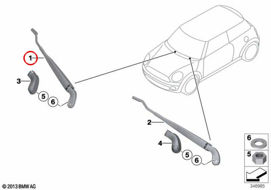 Bras d'essuie-glace avant gauche OEM 61619449972 pour MINI R56, R56 LCI, Clubman R55, R55 LCI, Cabrio R57, R57 LCI. MINI d'origine.