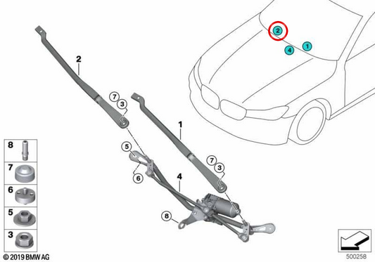 Brazo del limpiaparabrisas derecho OEM 61619463866 para BMW F90, G30, G31, G38. Original BMW.