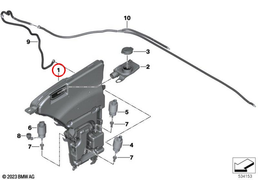 Reservatório de fluido de lavagem de pára-brisa OEM 61665B34289 para BMW G68. BMW genuíno.