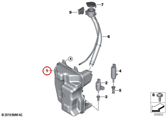Depósito de líquido limpiaparabrisas para BMW Serie 2 F46, F46N, X1 F48, F48N, X2 F39, MINI F60, F60N (OEM 61667403904). Original BMW