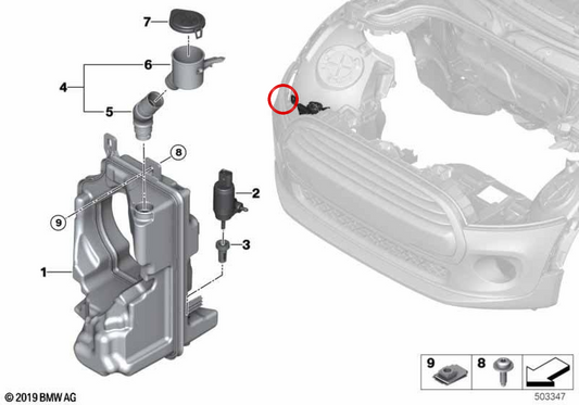Reservatório de fluido de lavagem de pára-brisa OEM 61669478908 para MINI F56, F55, Clubman F54, Cabrio F57... e muito mais. MINI originais.