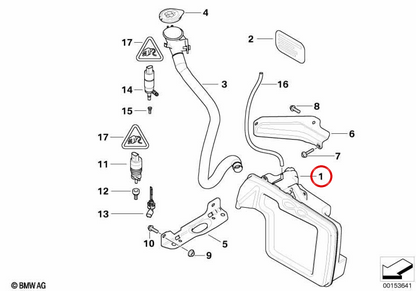 OEM 61677179453 Serbatoio liquido lavavetri per BMW Serie 5 E60, E60 LCI, Serie 6 E63, E63 LCI, E64, E64 LCI. BMW originale.