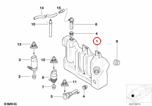 Windschutzscheibenwischerflüssigkeit ohne OEM -Spiegel -Sensor 61678361442 für BMW E39. Original BMW.