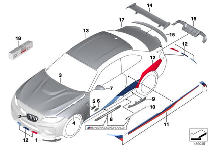 Zierleisten M Performance negras brillo OEM 51712459286 para BMW F87 M2. Mejora estética lateral con diseño deportivo. Original BMW.