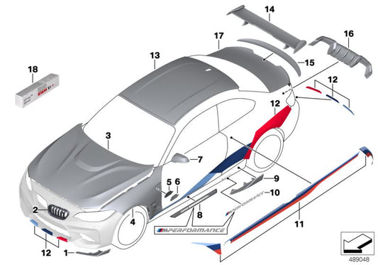 Zierlisten M Performance Black OEM 51712459286 für BMW F87 M2. Lateral ästhetische Verbesserung mit Sportdesign. Original BMW.