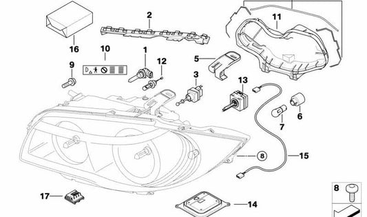 Tapa de faro derecho OEM 63127171570 para BMW Serie 1 E81, E87, E87 LCI, E82, E88. Original BMW.
