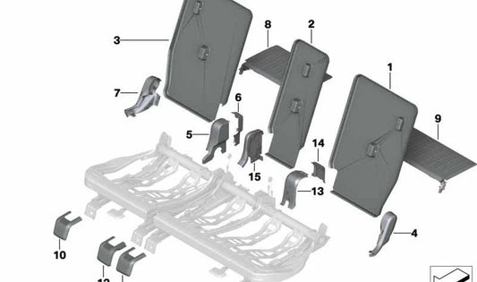 Cubierta izquierda de unión asiento trasero OEM 52207384725 para BMW F45 y F48. Original BMW.