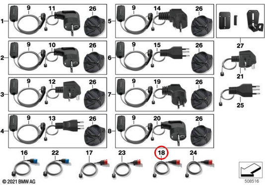 Typhase -Adapter CEE 32A OEM 61905A138D8 mit flexibles schnelles Ladegerät BMW. Kompatibel mit BMW G20, G21, G26, G30N, G31N, G70, I20, F48N, F39, G01, G01N, G08E/F und Mini F56F, F60N. Original BMW und Mini.