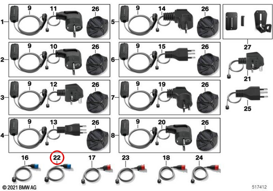 Adaptateur CEE 16A (bleu, phase unique) OEM 61905A138E2 pour BMW U06, G20, G21, G26, G30, G31, G70, F48, F39, G01, G08, I20 et Mini F56, F60. BMW et mini d'origine.