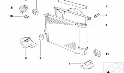Soporte del ventilador OEM 17101438457 para BMW E39 520i con motor M52 y cambio manual o automático. Compatible con modelos fabricados entre 1996 y 2003. Pieza original BMW.