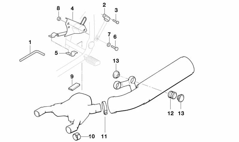 Minte di scarico sinistro Ø49 OEM 18211454381 per BMW Motorrad R100 GS, GS PD e R100 R (modelli R247). Compatibile con le produzioni tra il 1986 e il 1996. BMW originale.